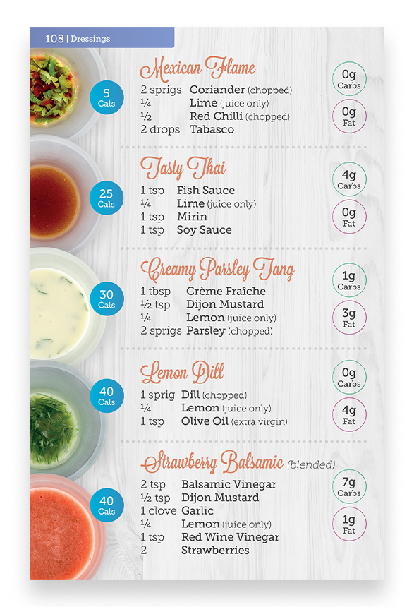 Salad dressings with nutritional information in Carbs & Cals Salads book