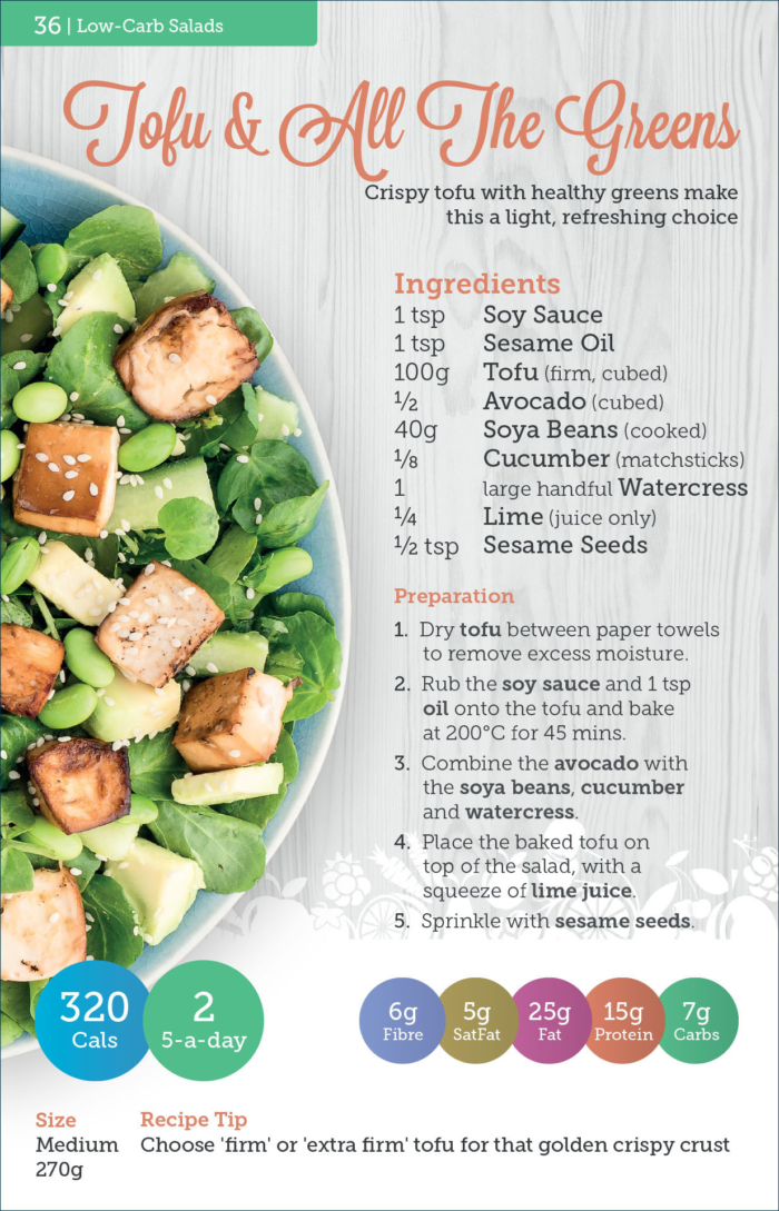 Tofu and Greens salad recipe from Carbs & Cals Salads book