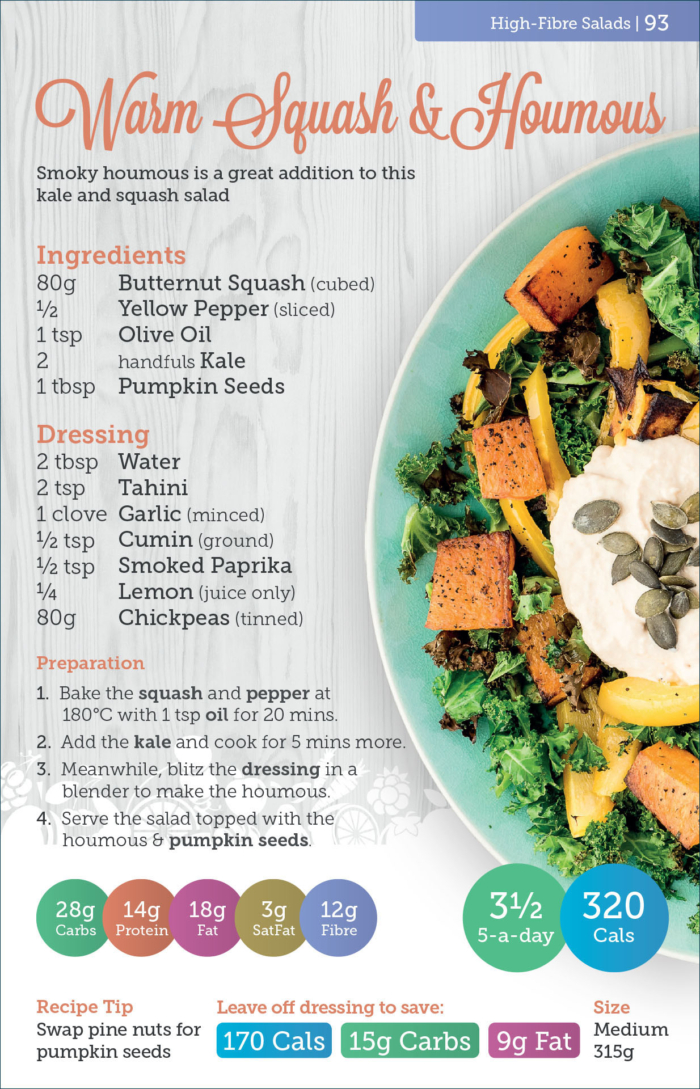 Warm Squash & Houmous salad recipe from Carbs & Cals Salads book