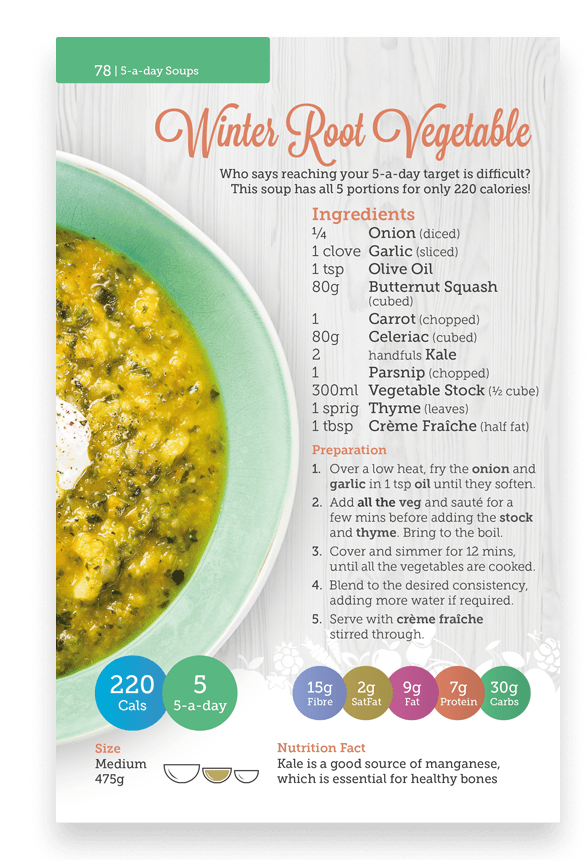 Carbs & Cals Soups Book Page with Winter Root Vegetable Recipe