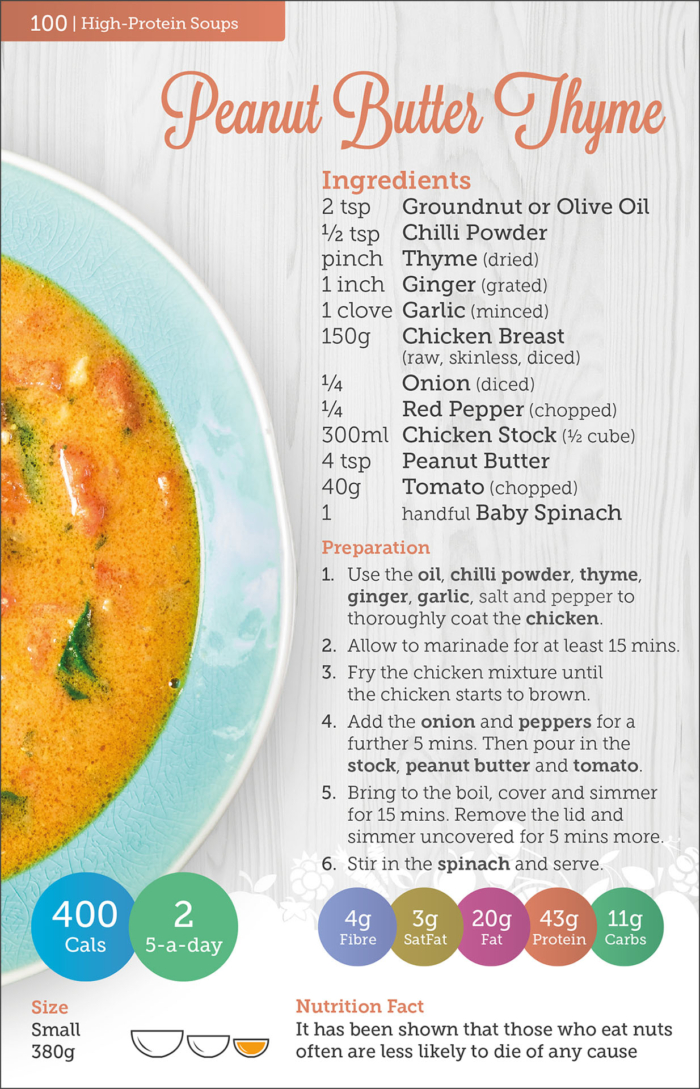 Carbs & Cals Soups Book Page with Peanut Butter Thyme Soup Recipe