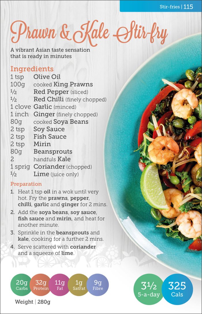Carbs & Cals Very Low Calorie Recipes & Meal Plans Book Page with Stir-fry Recipe