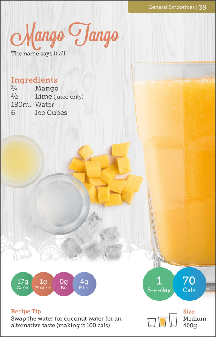 Carbs & Cals Smoothies Page with Mango Tango Recipe