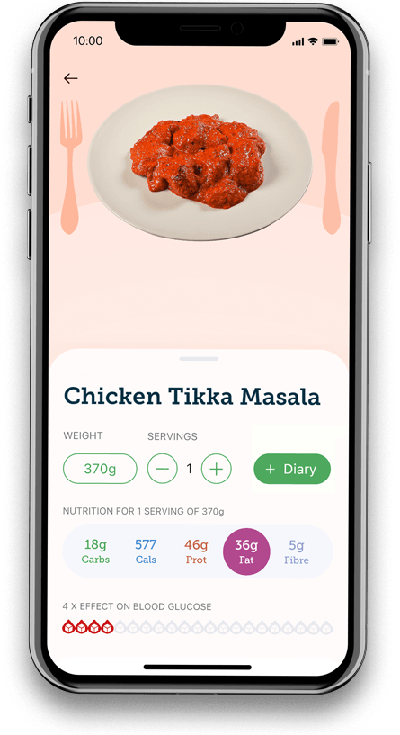 Chicken tikka masala with nutritional information in Carbs & Cals app