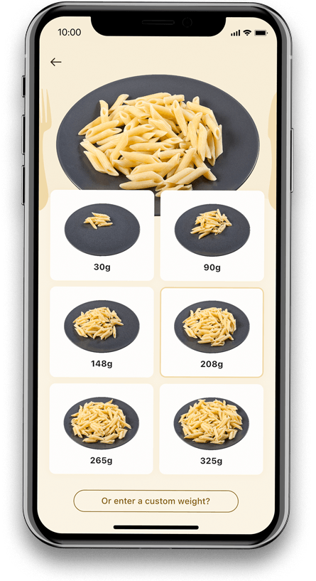 Portions of penne pasta in Carbs & Cals app