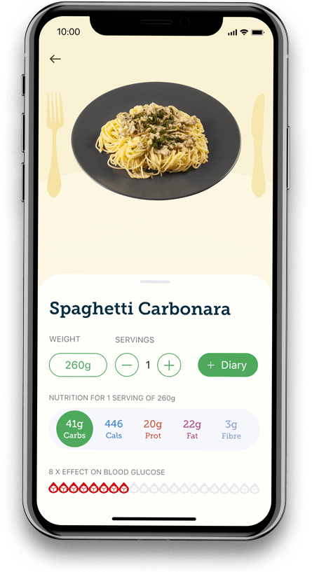 Spaghetti carbonara with nutritional information in Carbs & Cals app