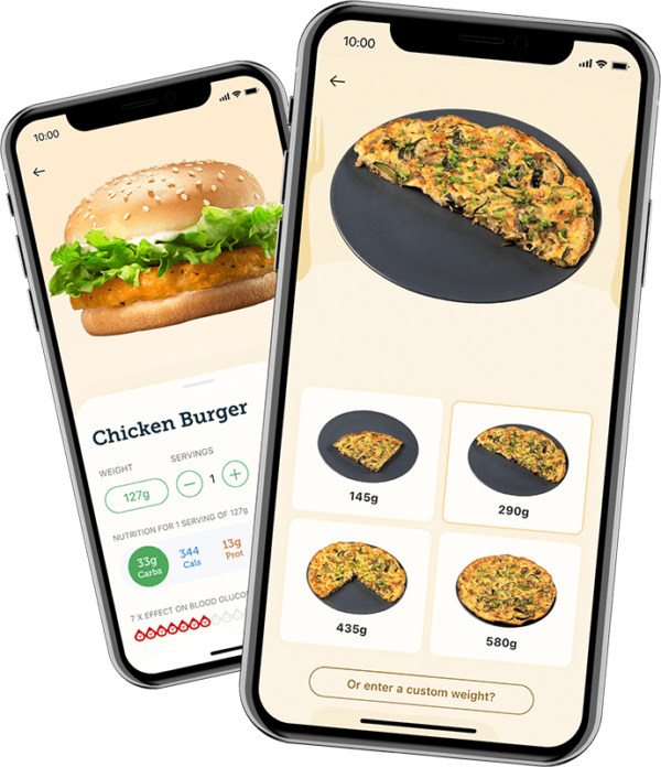 Chicken burger and frittata with nutritional information in Carbs & Cals app