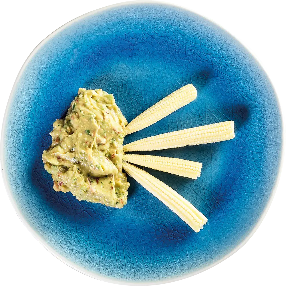 Guacamole 150g 150g portion of guacamole with miniature corn