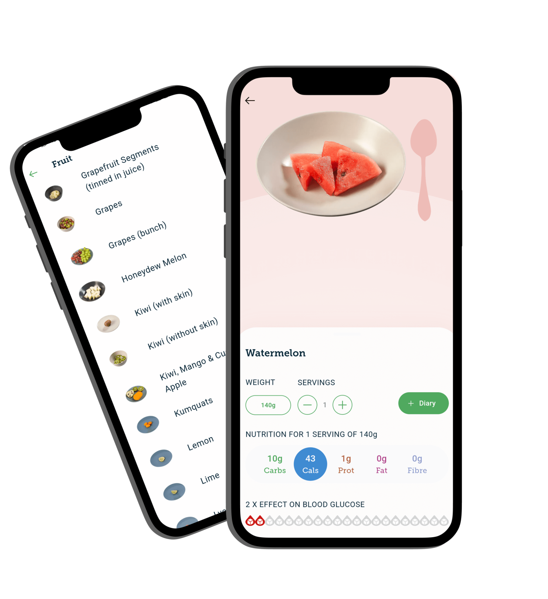 WatermelonFruitApp Watermelon and a menu of fruits in the Carbs & Cals app